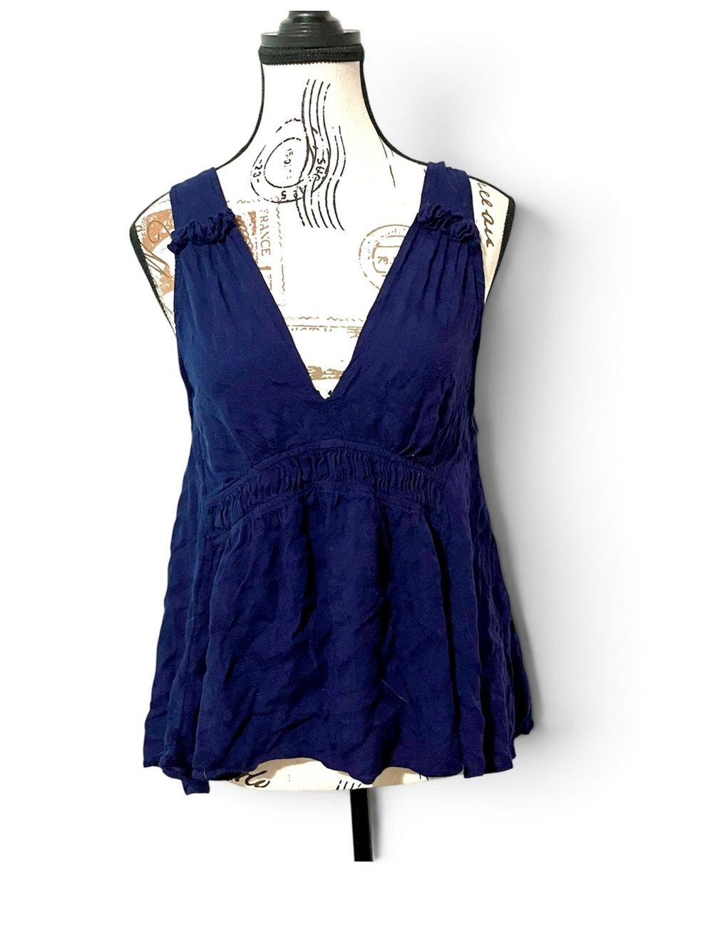 Maeve Anthropologie Navy Blue Boho Tank Top Plunge V Neck Smocked Cinch Small